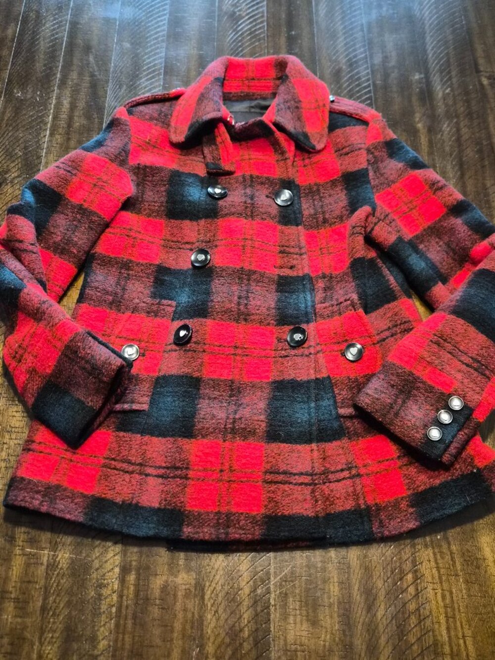 Betsey Johnson Woven Plaid Red Double Breasted Wool Blend Coat Size 8 READ